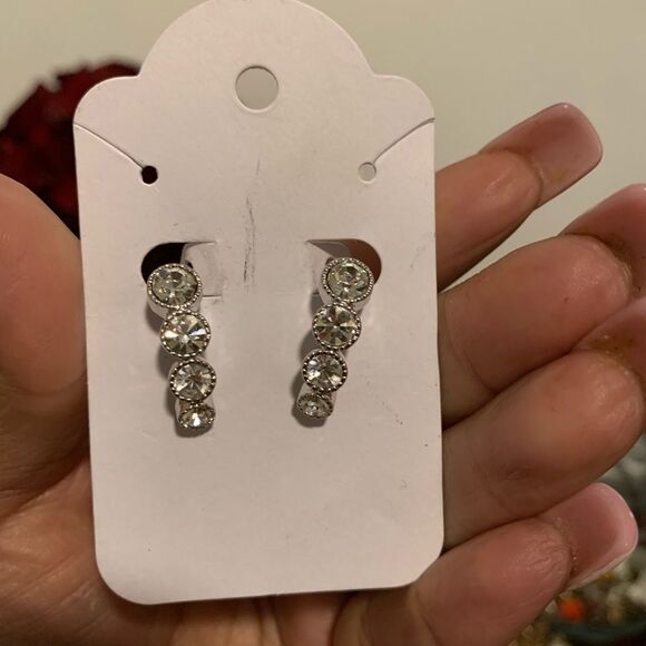 NAPIER SILVERTONE WITH RHINESTONE CLIP EARRINGS - Picture 1 of 2